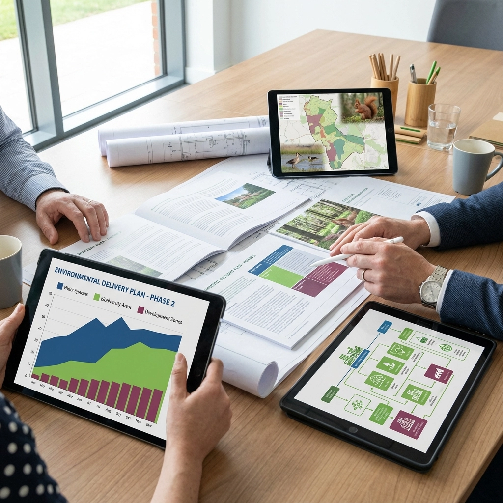 Three people discuss plans with tablets displaying charts. Papers show maps and graphs. Wooden desk, pencils, and cups visible. Office setting.