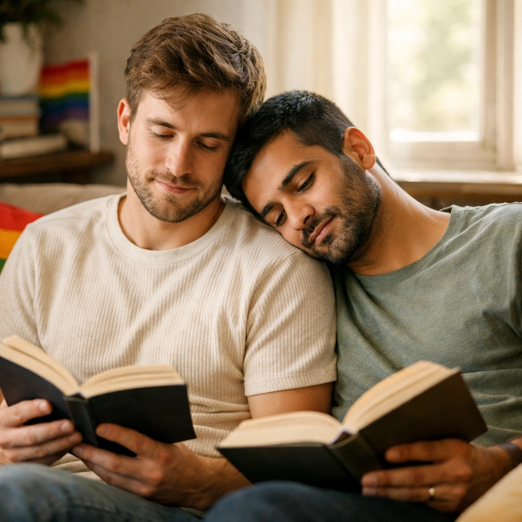 Gay couple enjoying LGBTQ+ romance books together at home on Readwithpride.com