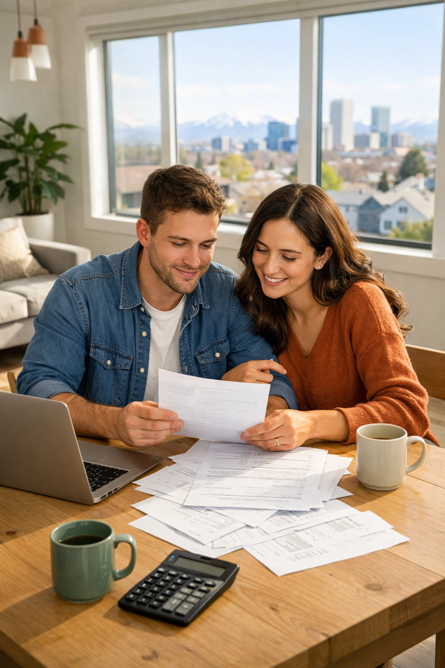 Couple reviewing Denver property tax documents and mortgage payments at home