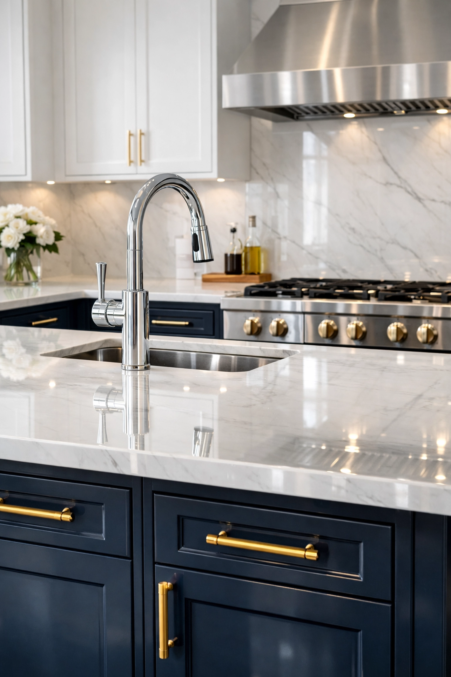Sparkling clean kitchen with reflective marble countertops by professional cleaners in Charlton MA.