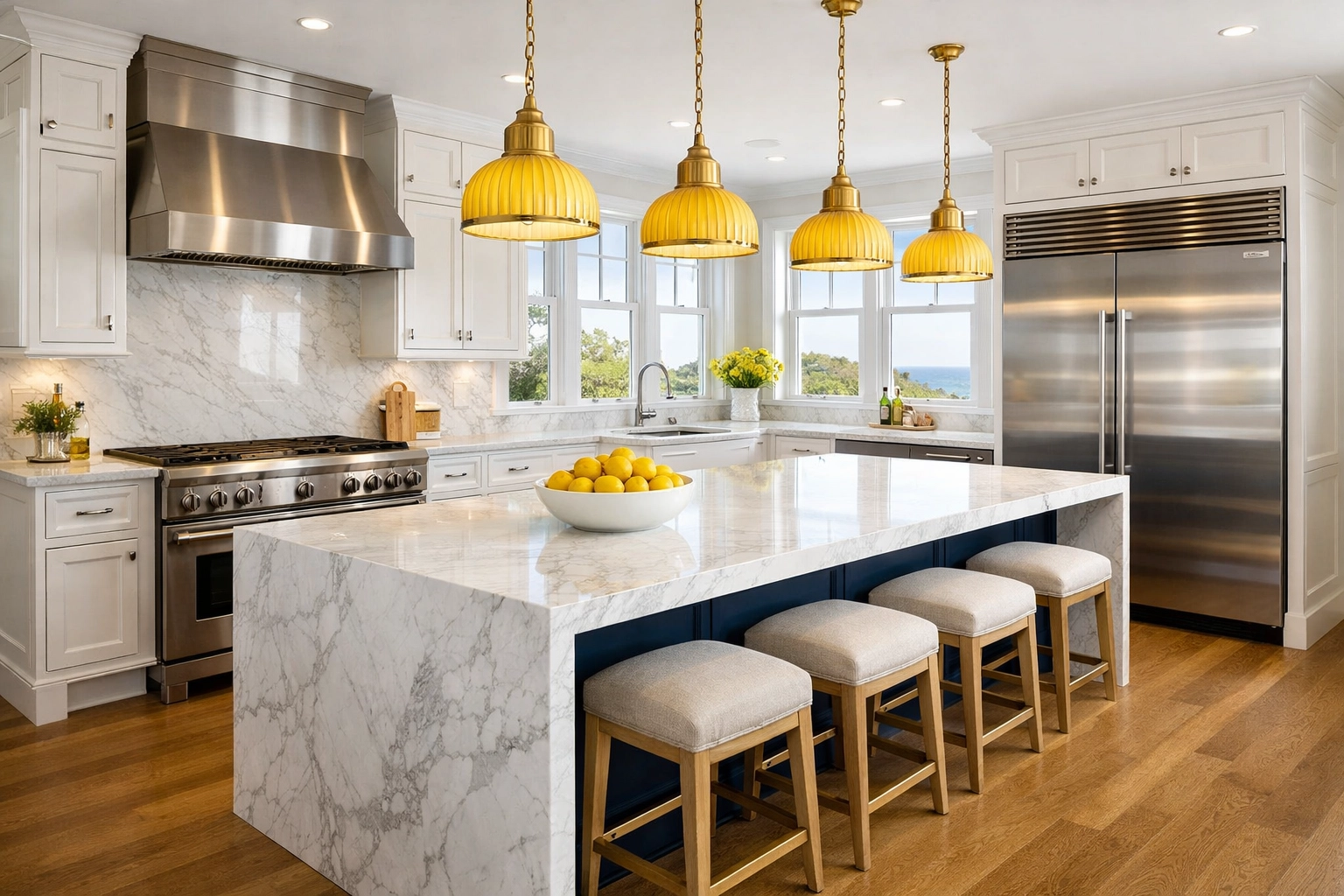 Spotless luxury residential kitchen in Marblehead MA with white marble countertops and navy island.
