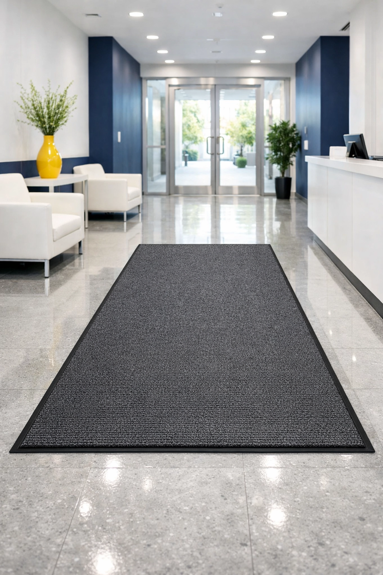 Professional entrance walk-off mat protecting a polished commercial floor in a clean Lancaster facility.