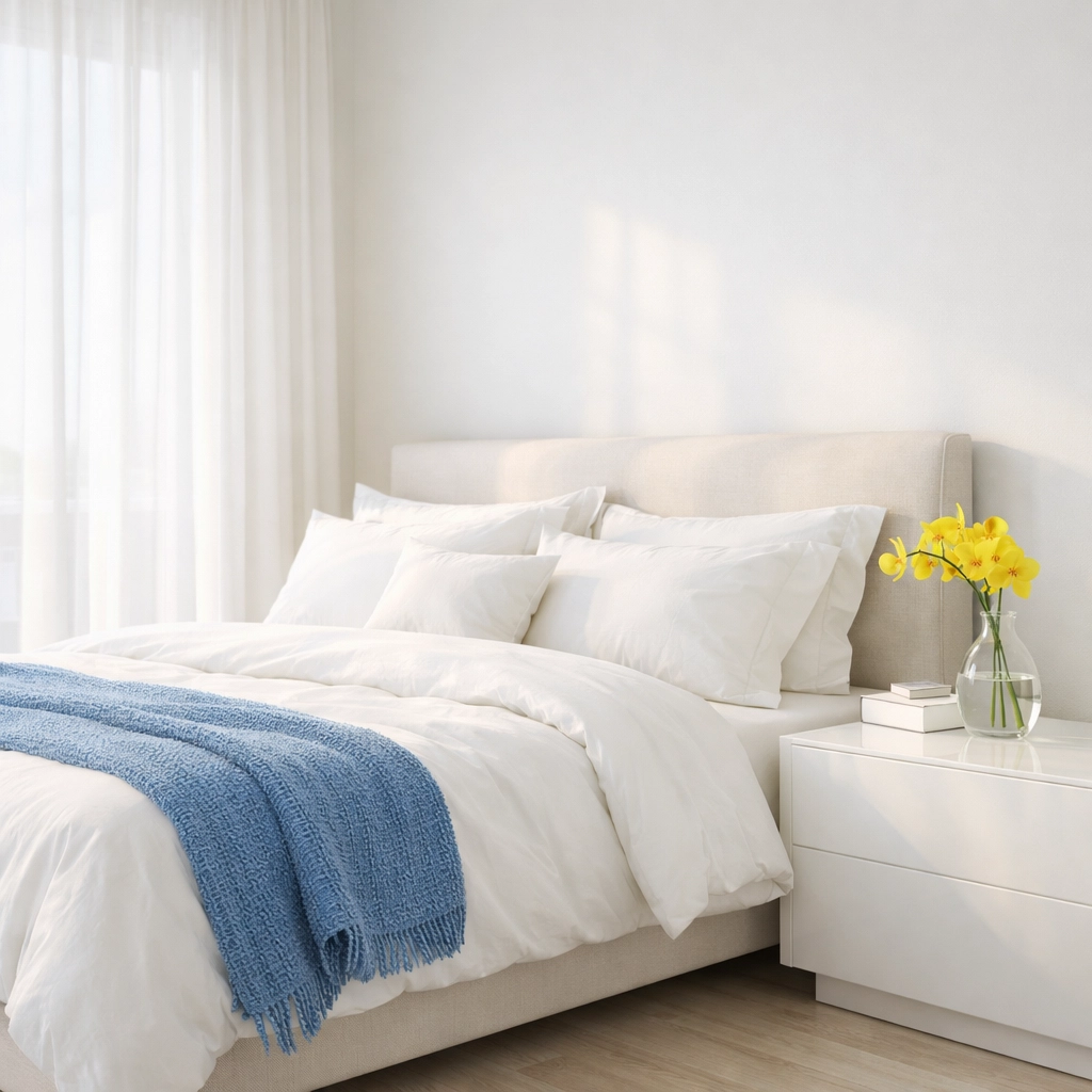 Tranquil master bedroom with clean linens following residential cleaning Massachusetts.