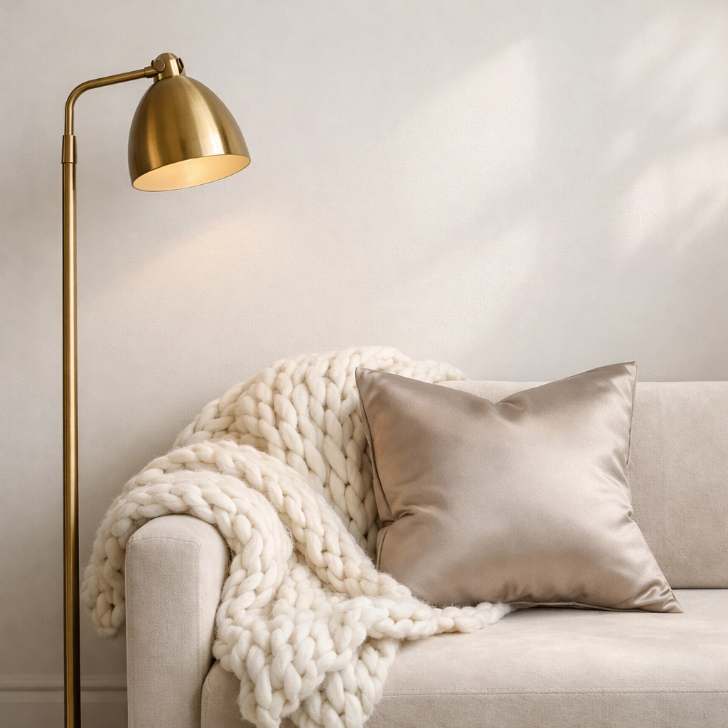 Sophisticated living room decor with a gold lamp and velvet textures for interior design inspiration.