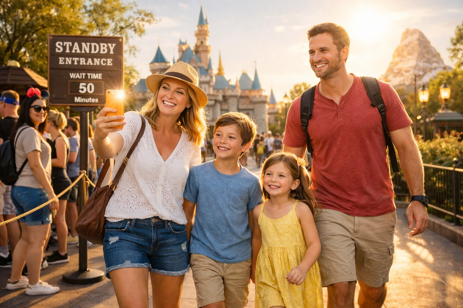 A happy family using Disney Lightning Lane on their smartphone to skip long park lines.