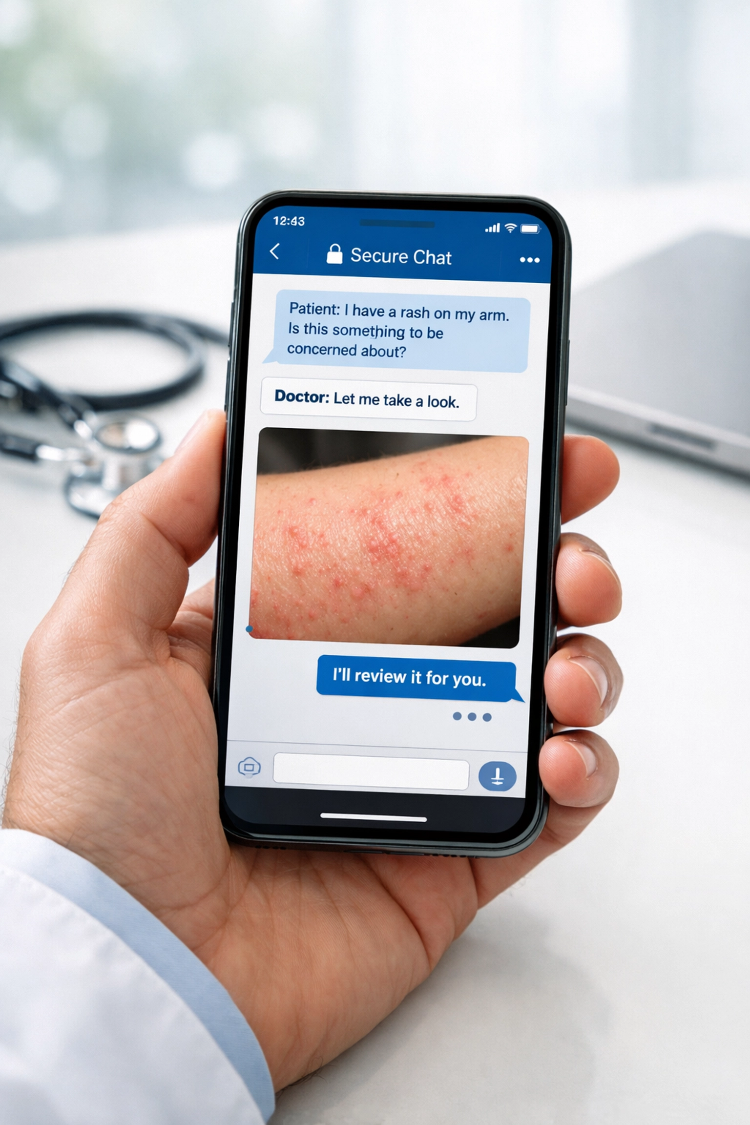A licensed doctor reviewing a skin rash through secure online medical chat for a diagnosis.