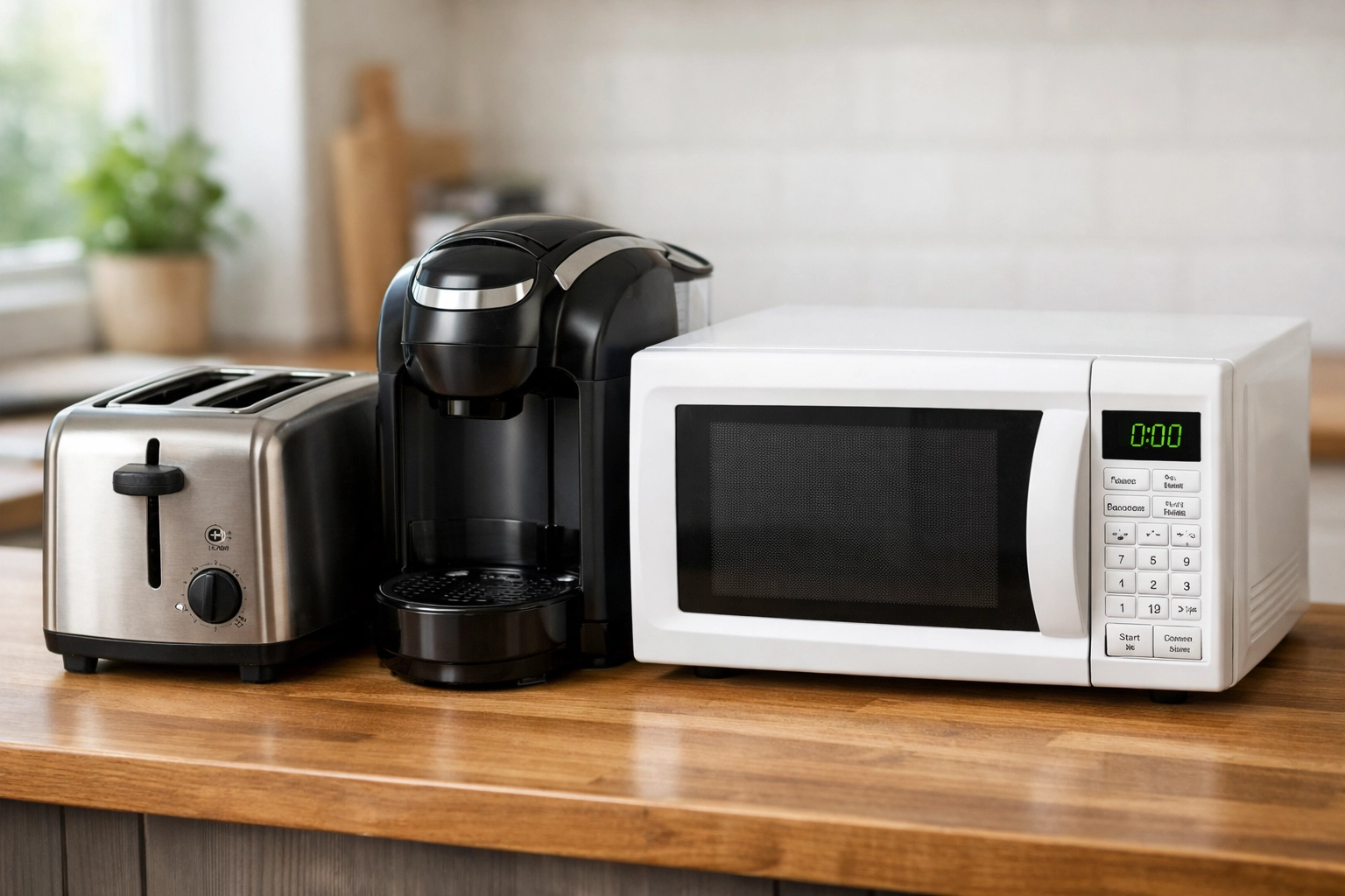Small kitchen appliances, including a microwave and toaster, prepared for home e-waste recycling collection.