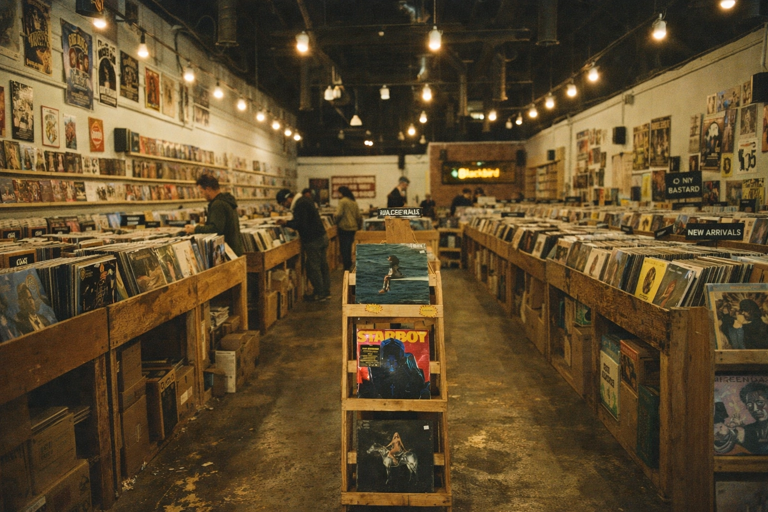 Store interior showing organized vinyl bins