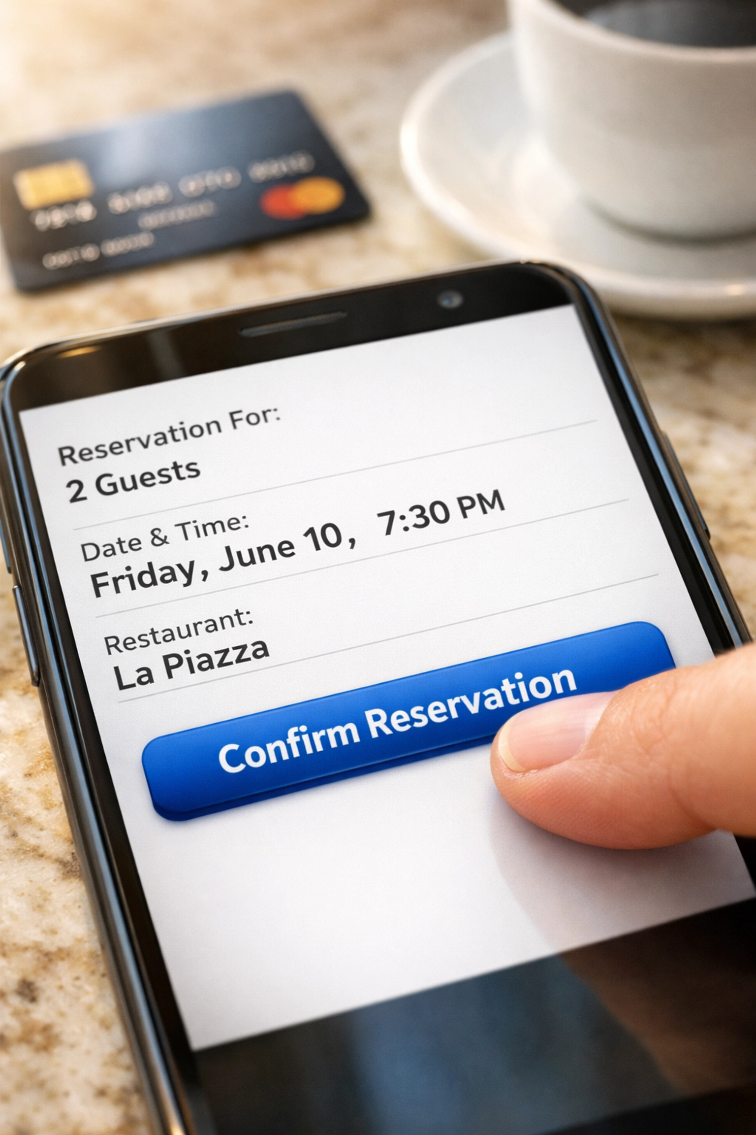 Smartphone displaying restaurant booking confirmation with secure payment
