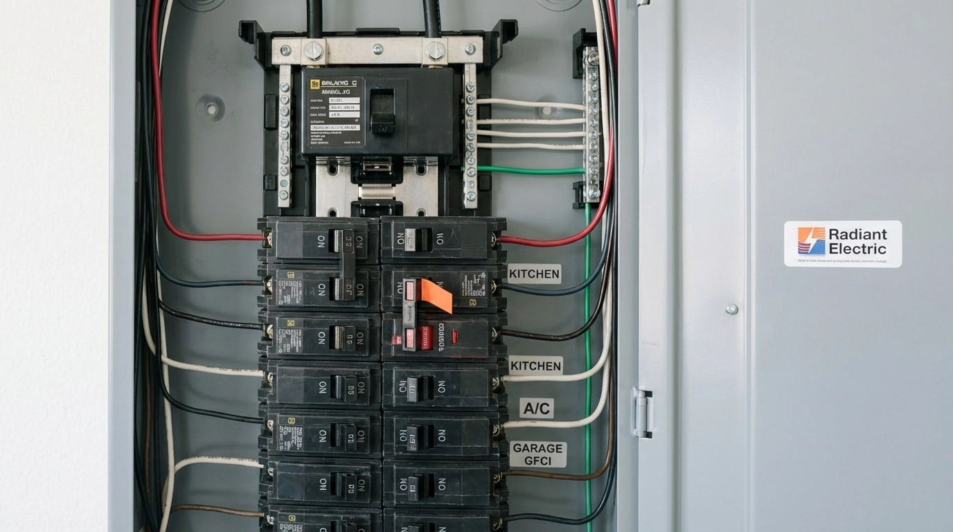 Open residential electrical breaker panel showing tripped circuit, key for emergency electrician assessment during winter outage in Georgia.
