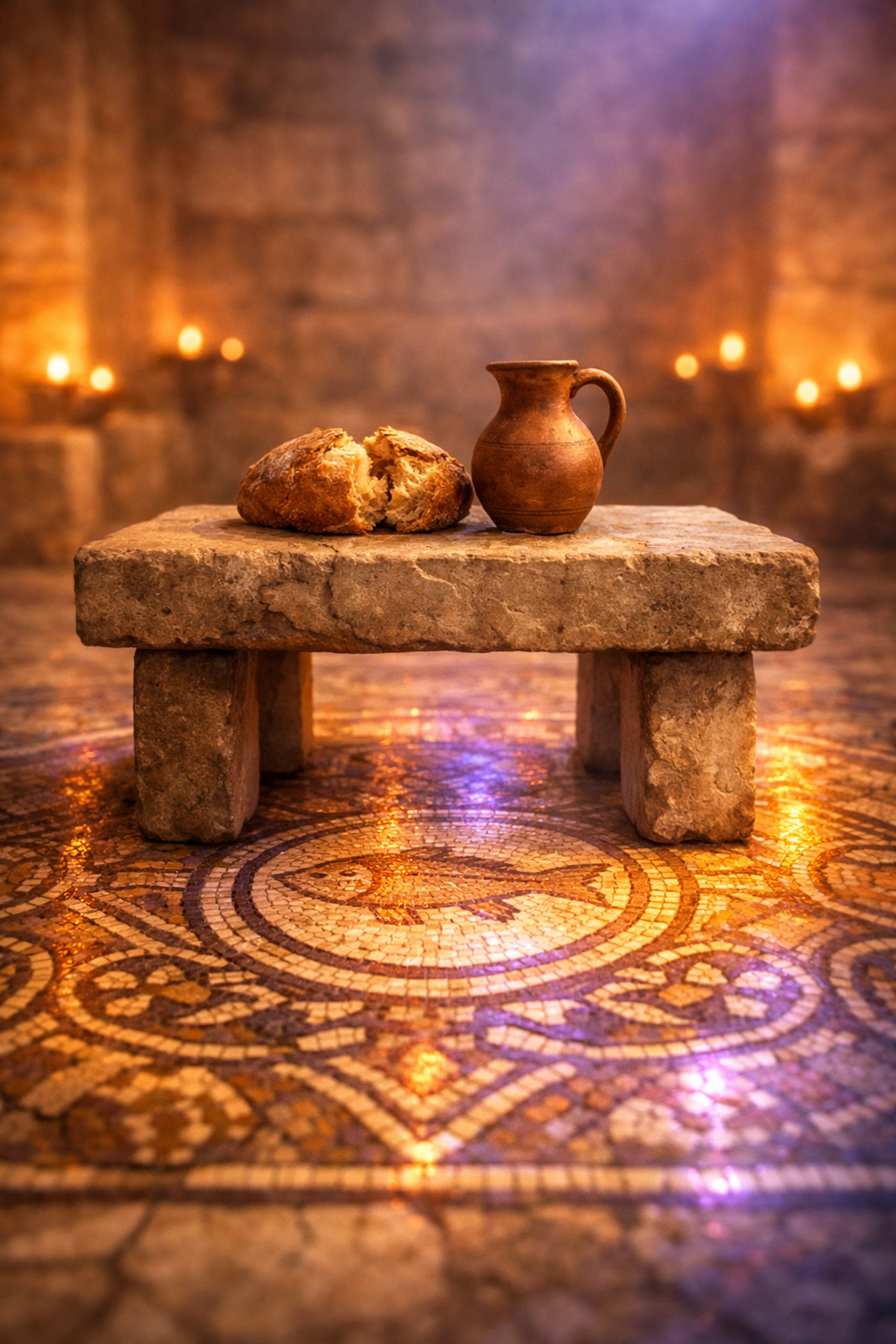 An early Christian communion table with bread and wine set upon the historic Megiddo mosaic floor.