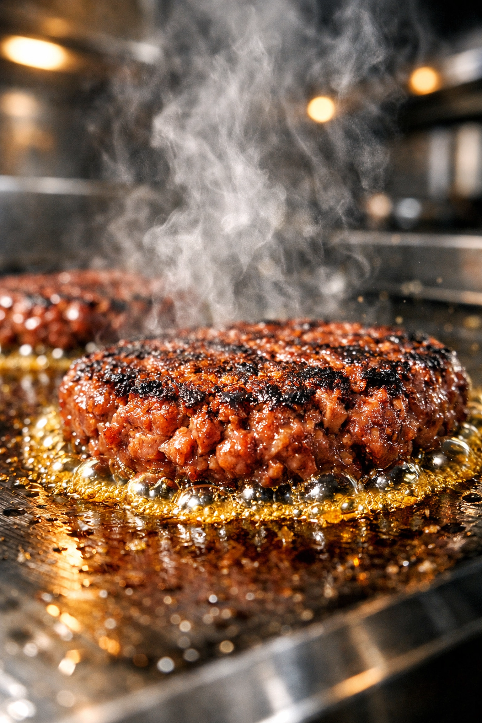 Plant-based burger patties sizzling on a grill with realistic melting fats.