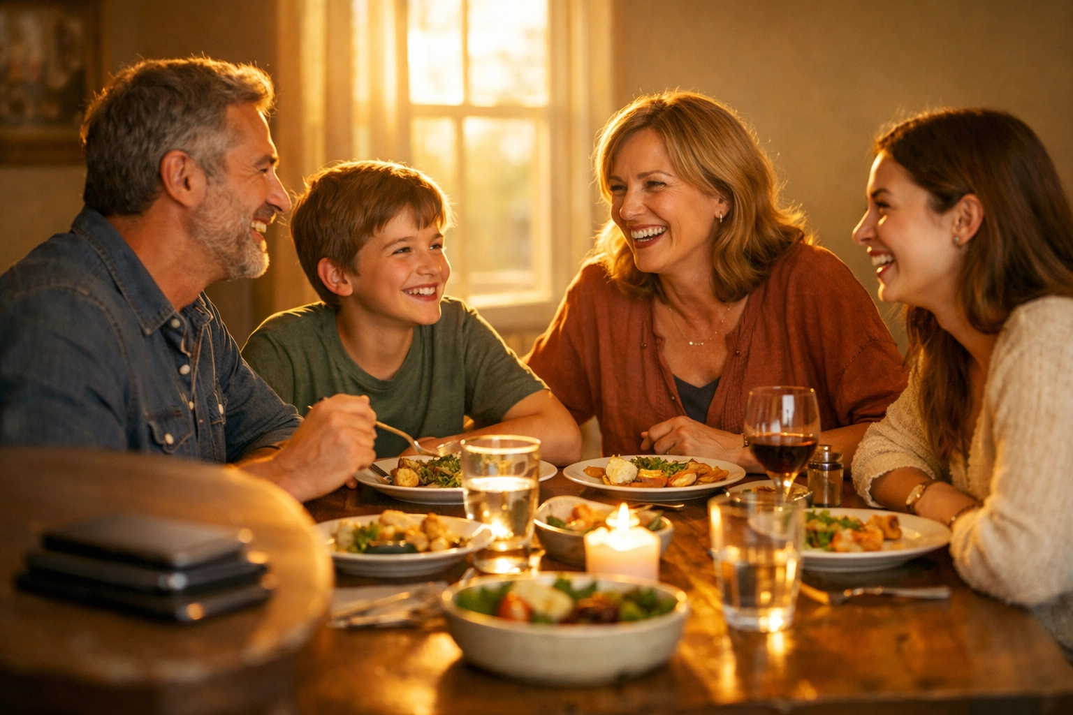 Family enjoying dinner together without phones, sharing conversation and connection