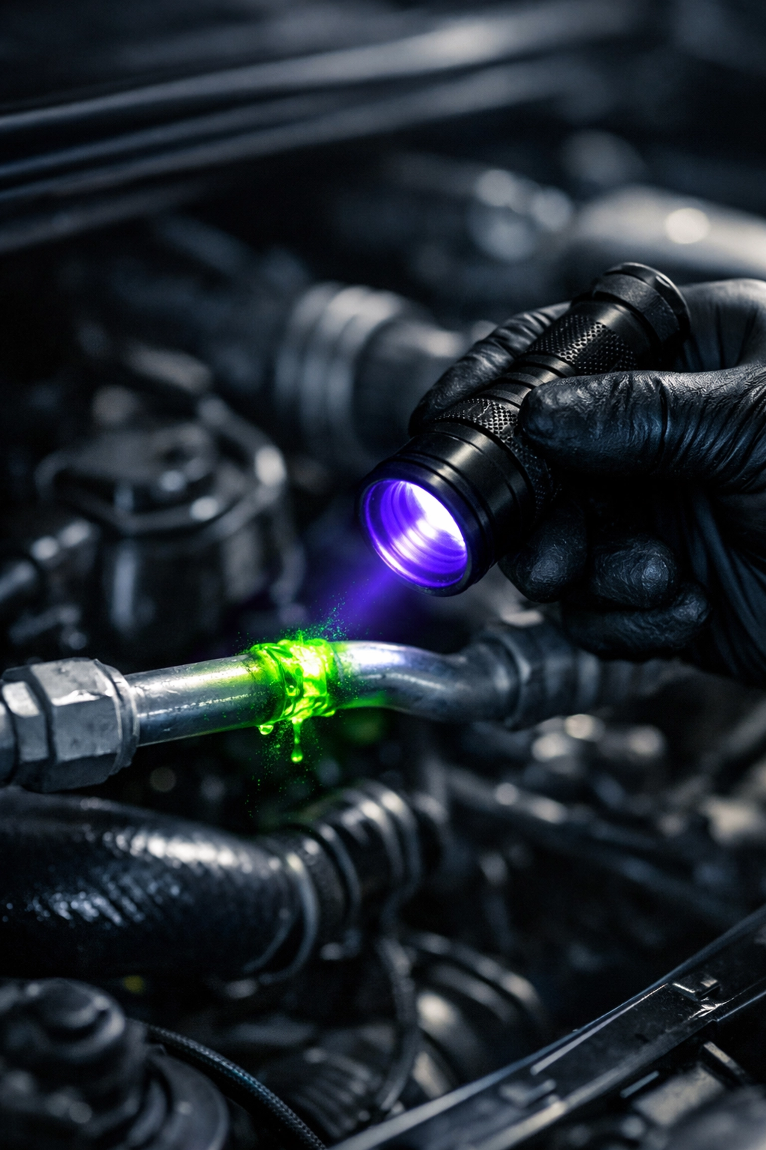 Technician using UV light to detect a refrigerant leak during car AC repair in Clarkrange TN.