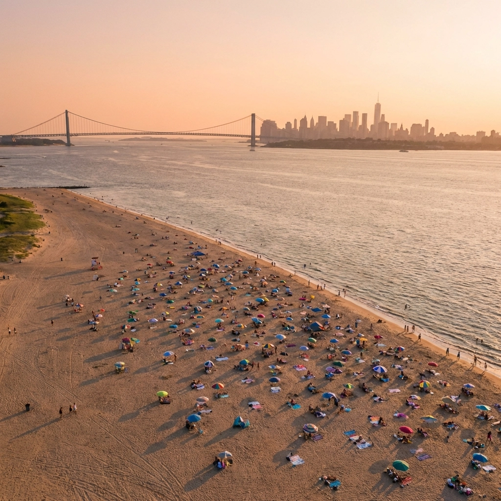 Gunnison Beach New Jersey with NYC skyline and Verrazano Bridge in distance