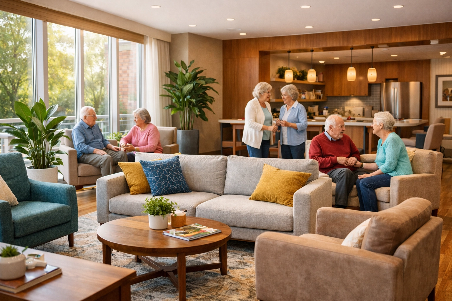 Assisted living community common area with seniors socializing together