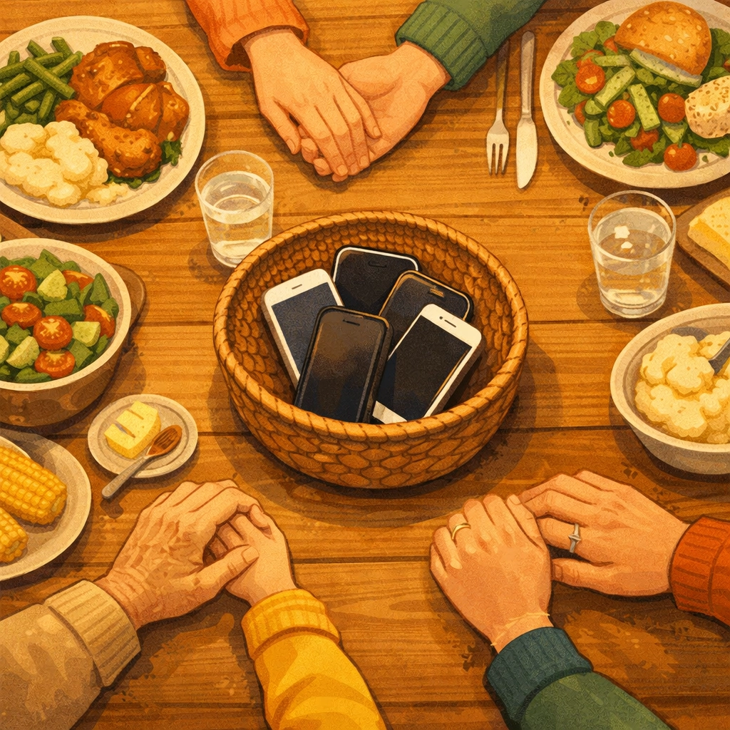 Family dinner table with phones in basket showing healthy digital boundaries