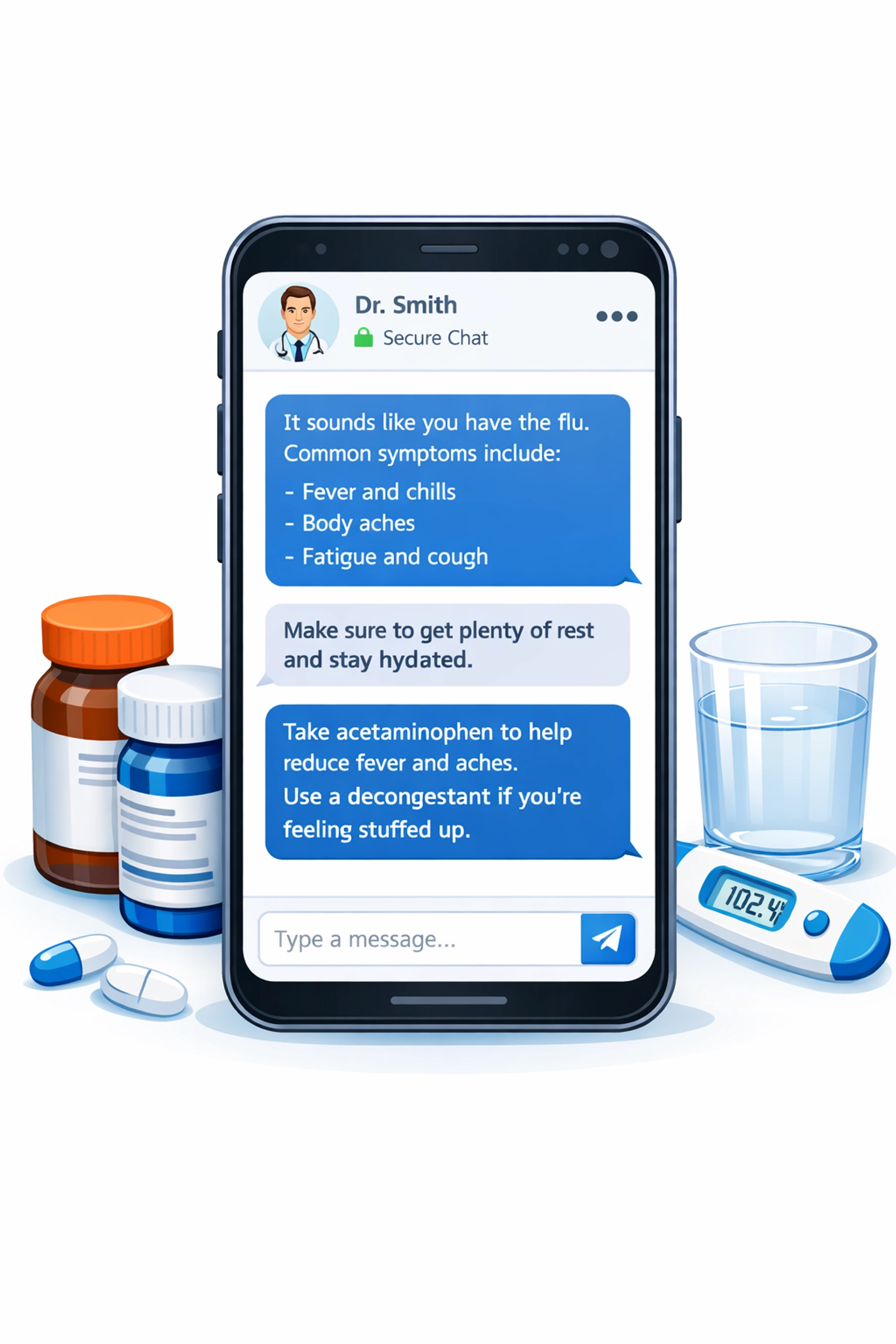 Smartphone displaying secure text-based doctor consultation for flu treatment and prescription