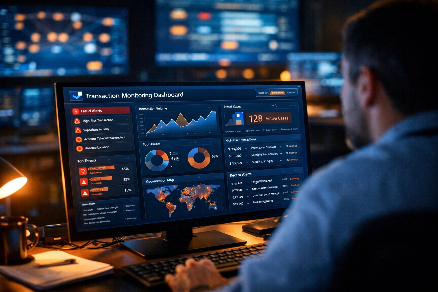 Real-time fraud detection monitoring system displaying transaction alerts on multiple screens