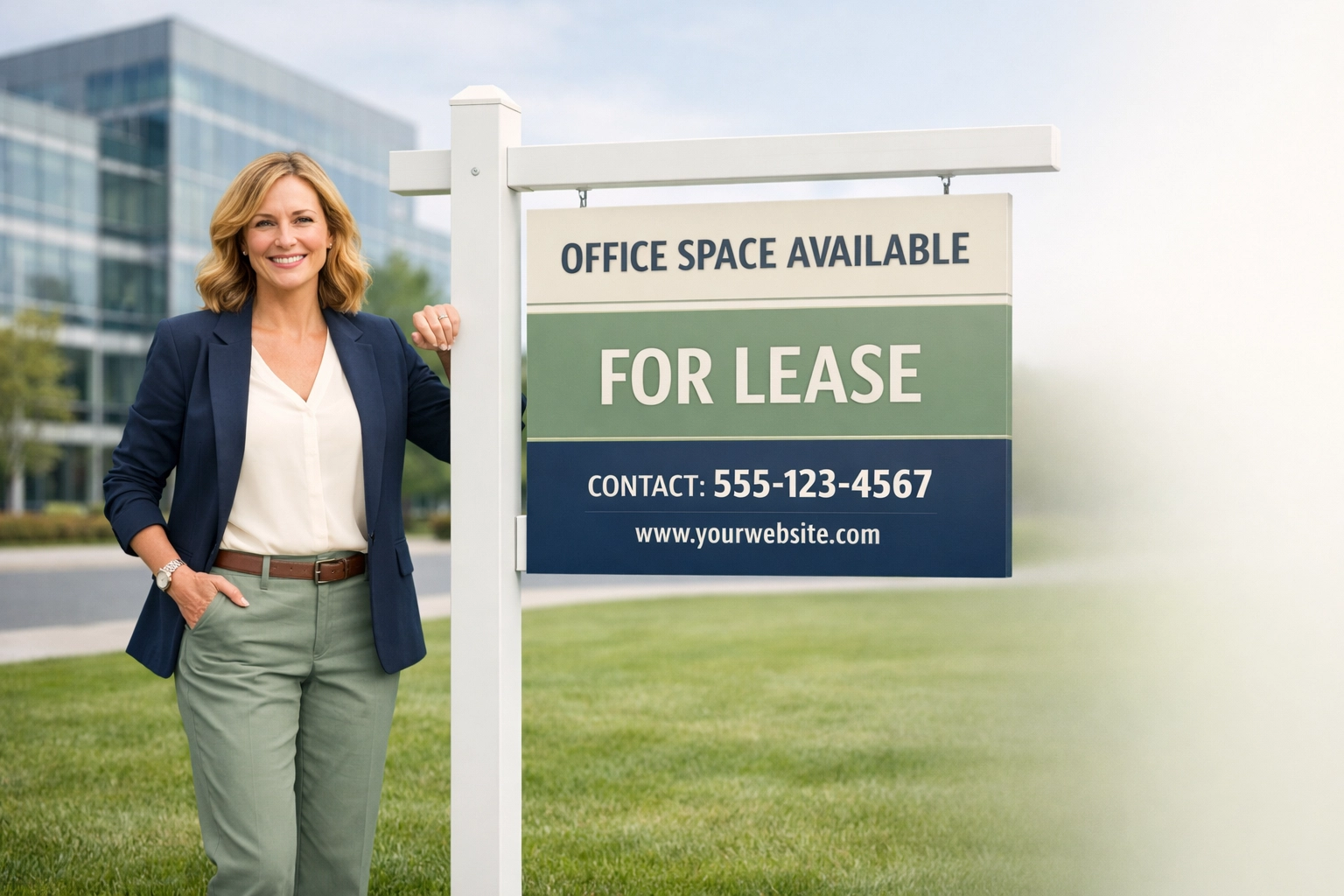Professional real estate agent standing by a custom for lease sign in front of a modern Houston office building.