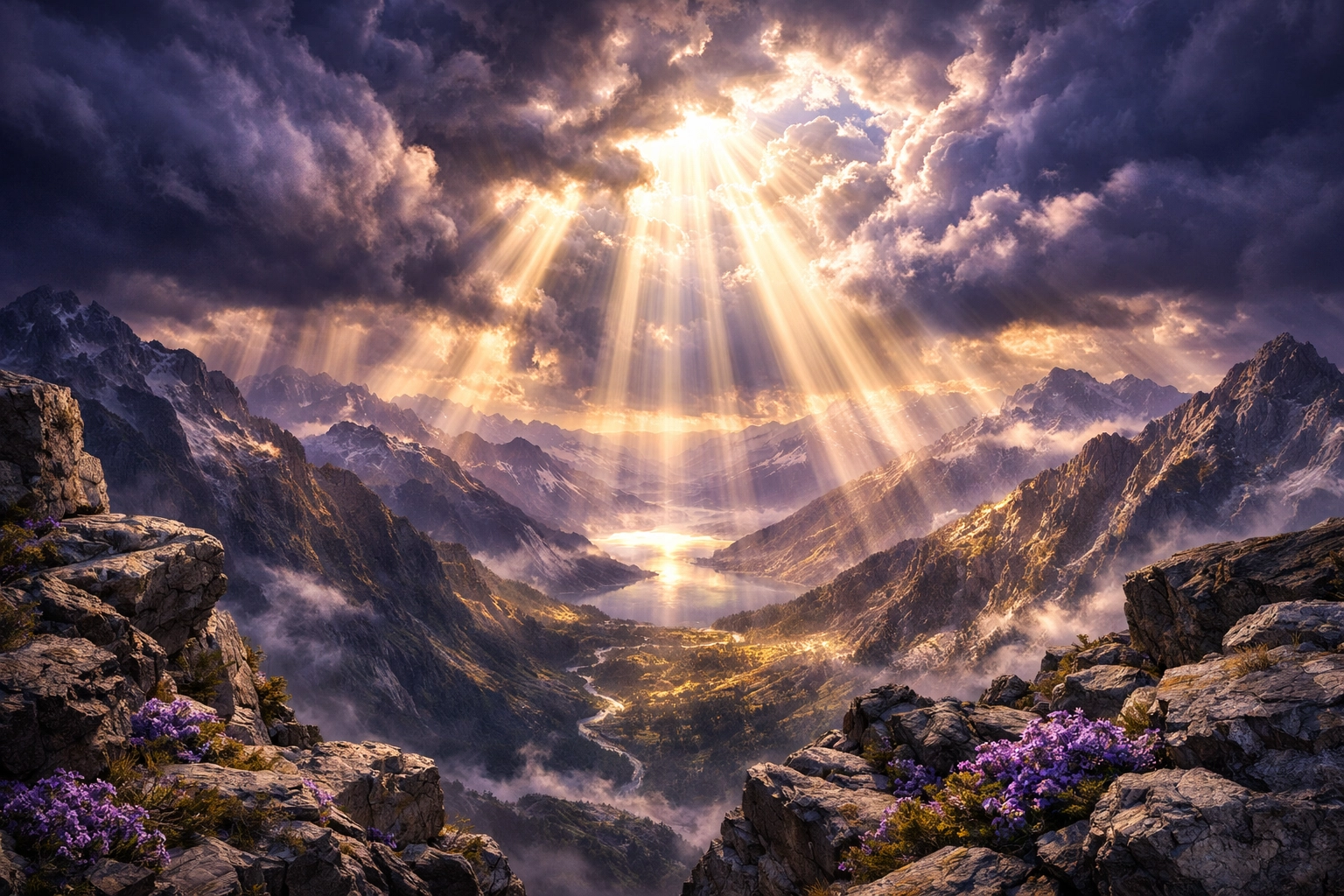 Divine light breaking through storm clouds, representing the Blessed Hope amidst troubling headlines.