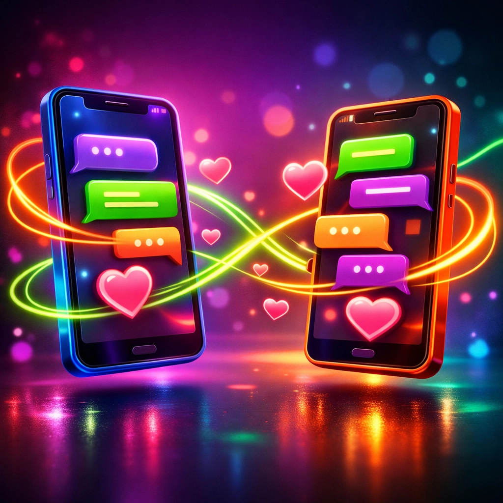 Two smartphones with chat bubbles showing dating app communication about intentions and expectations