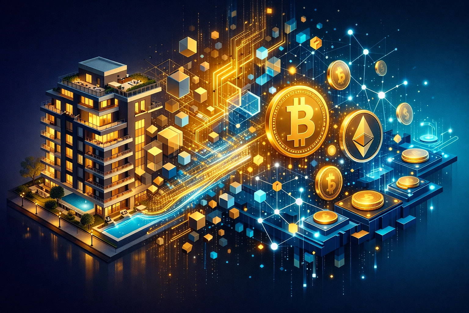 Tokenized real estate concept showing physical property converting into blockchain digital tokens