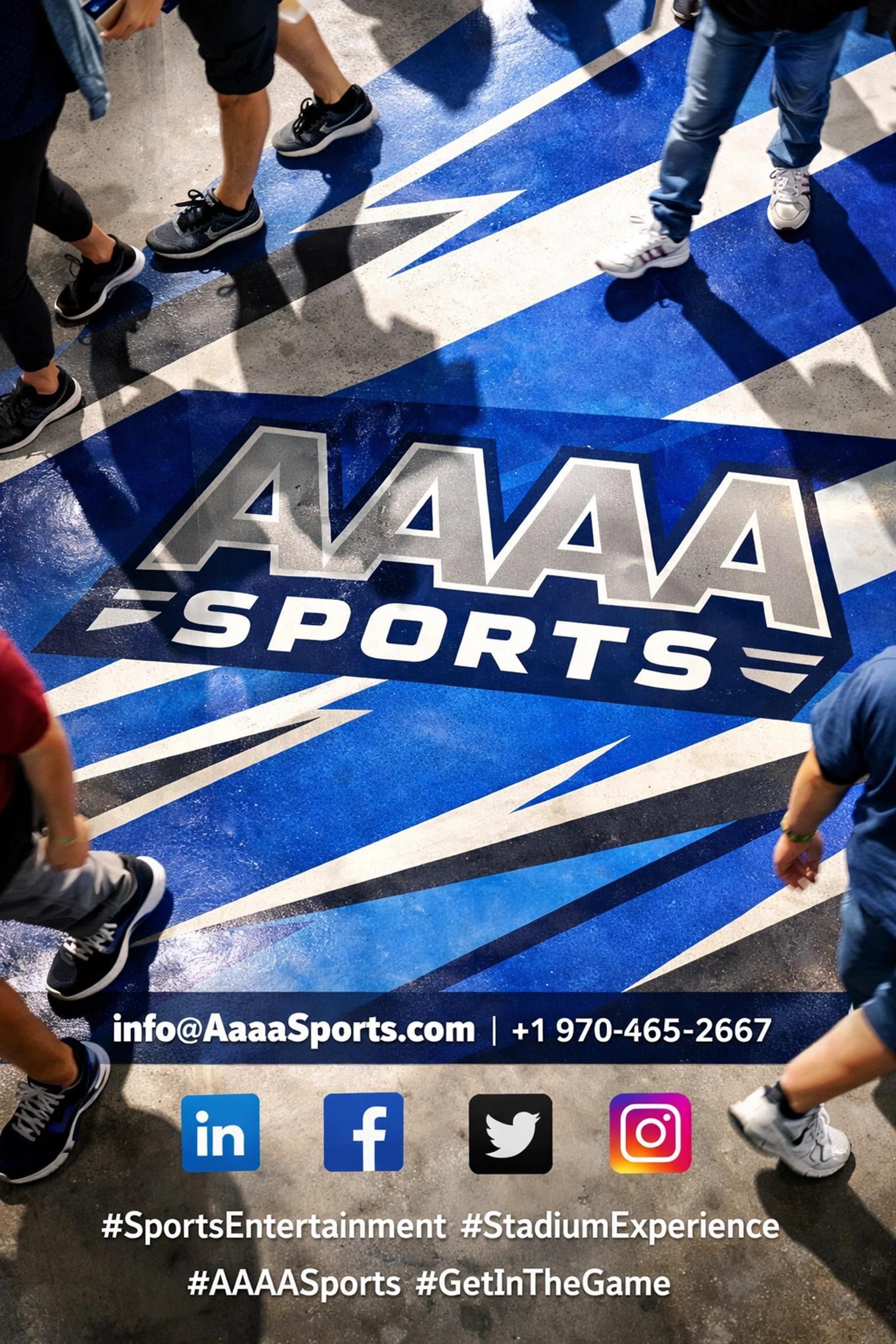 Stadium fans walking across branded floor graphics at sports venue