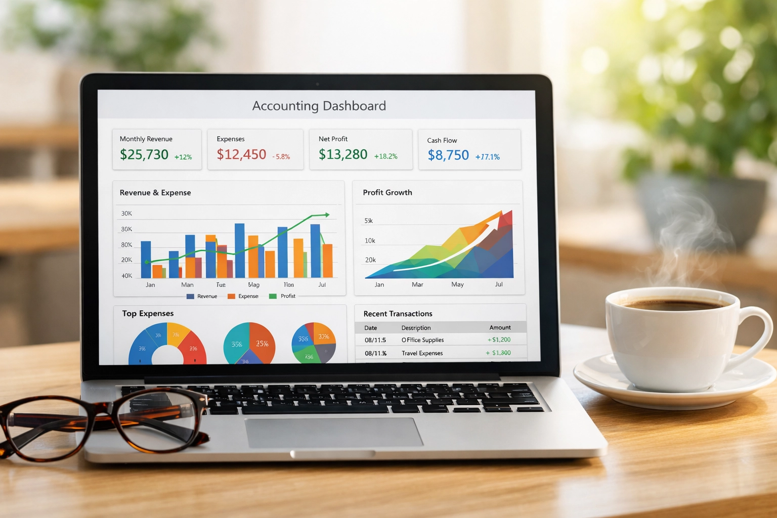 Modern accounting dashboard on a laptop used for 2026 IRS payroll system compliance and reporting.