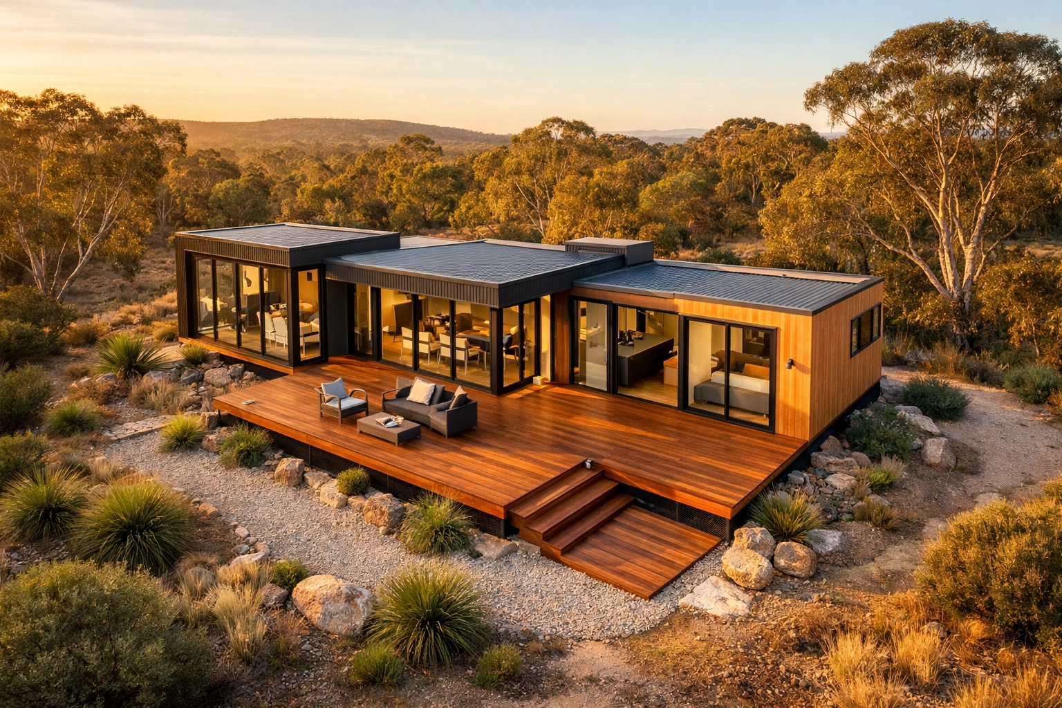 Completed modern modular home with timber deck and native Australian landscaping
