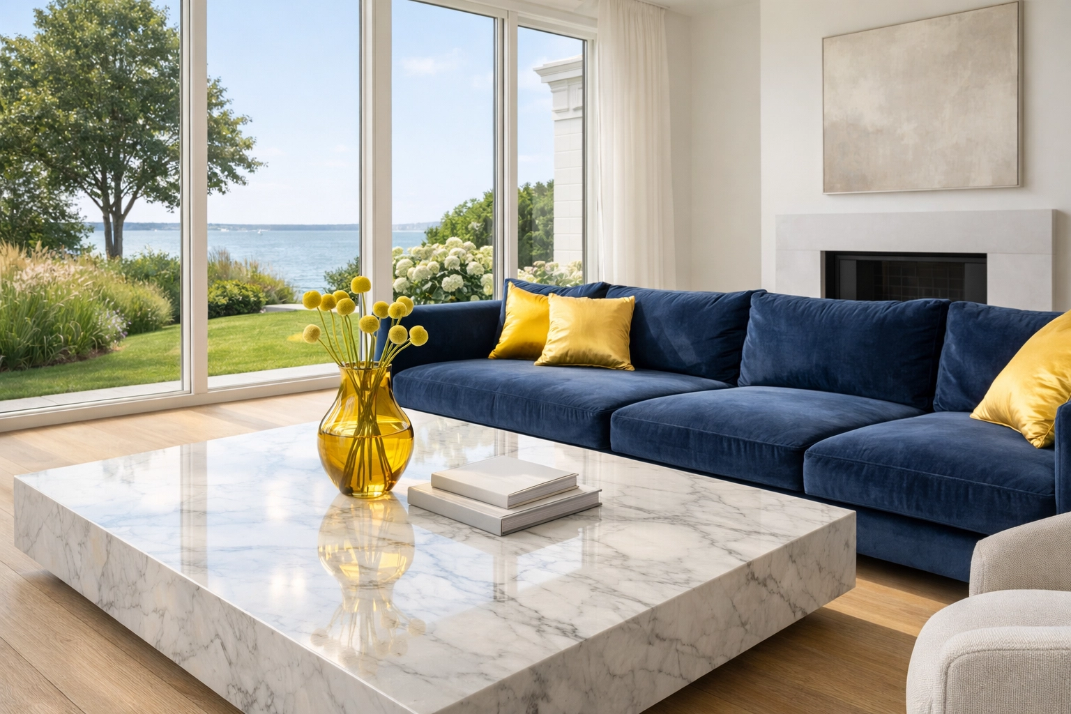 Spotless Hingham luxury home living room with polished marble and coastal garden views.