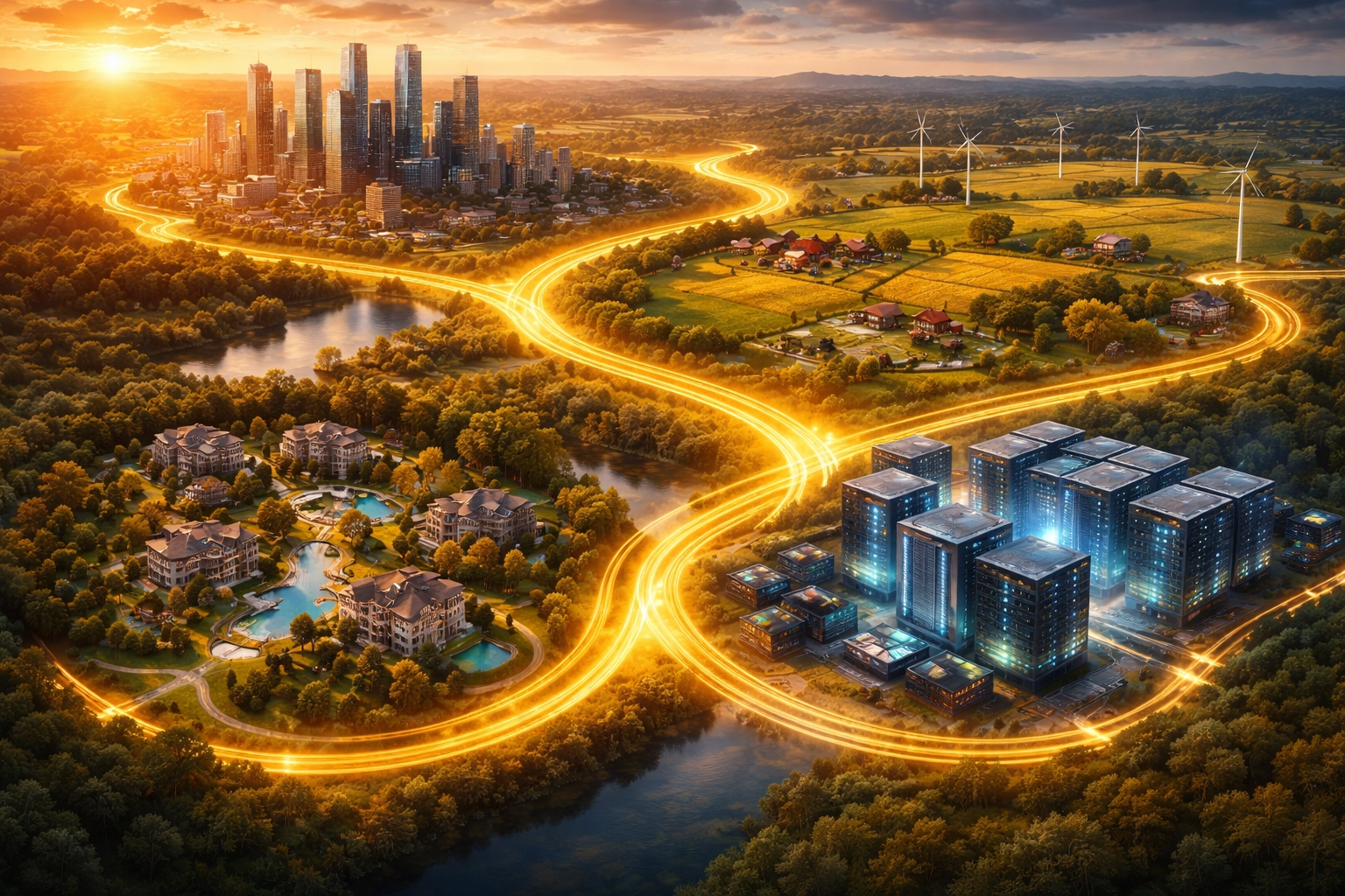 Diverse investment landscape depicting city buildings, farmland, real estate, and digital infrastructure for alternative asset allocation