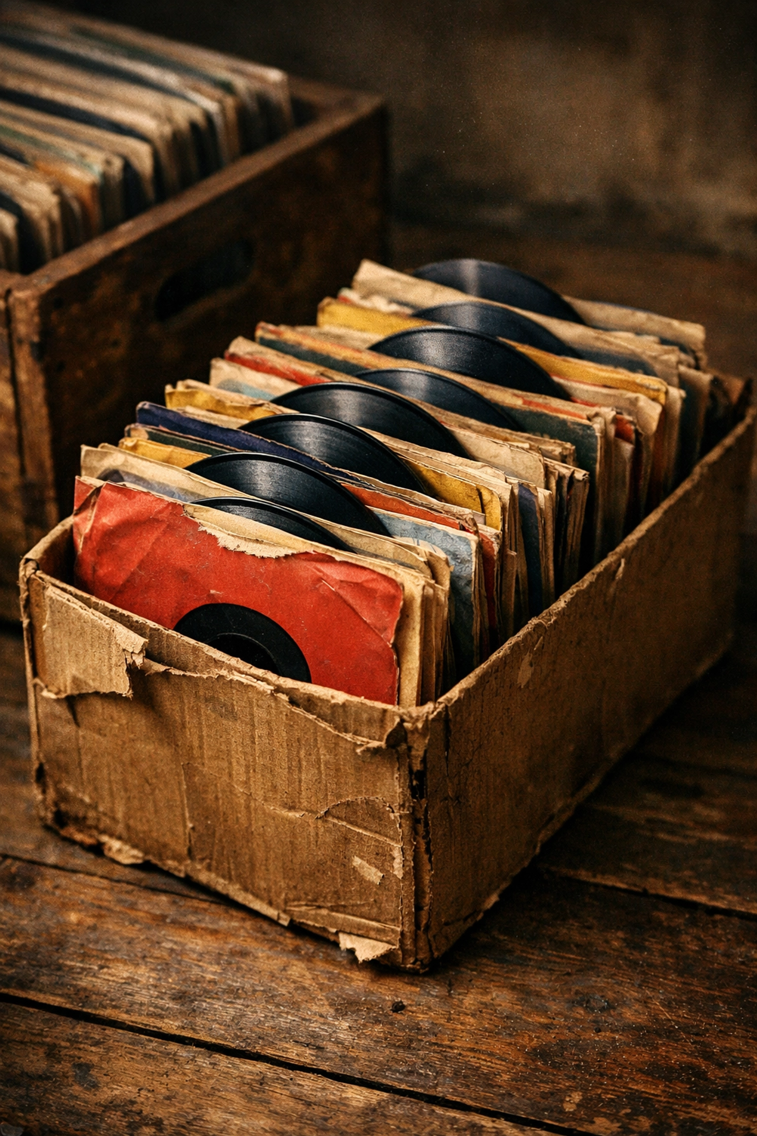 Vintage 7-inch used vinyl records in a collection box at Nivessa record store Los Angeles.