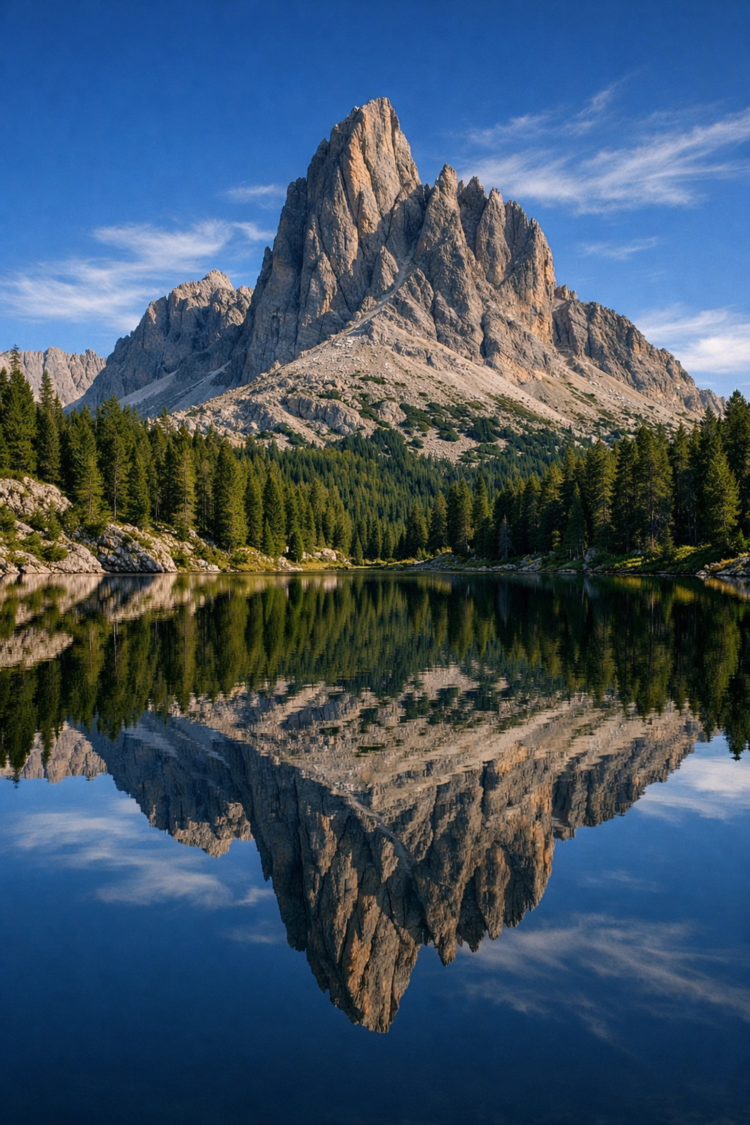 Balanced mountain lake reflection showing natural editing style in landscape photography.