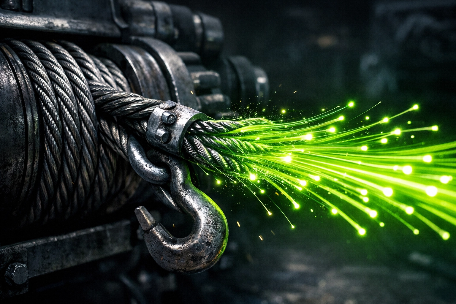 Heavy-duty winch cable integrated with digital network for Kansas City towing SEO.