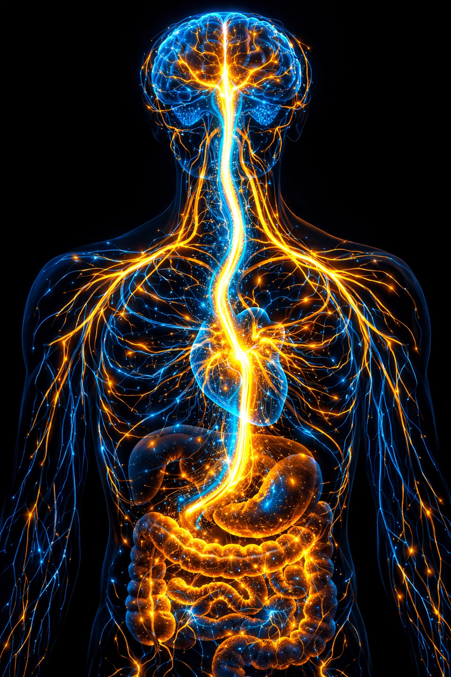Illustration of the vagus nerve connecting the gut, heart, and brain for nervous system regulation.