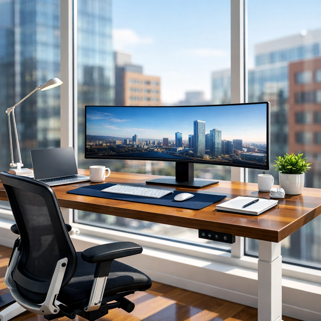 Spotless modern office in Kendall Square Cambridge with clean standing desks and a productive atmosphere.