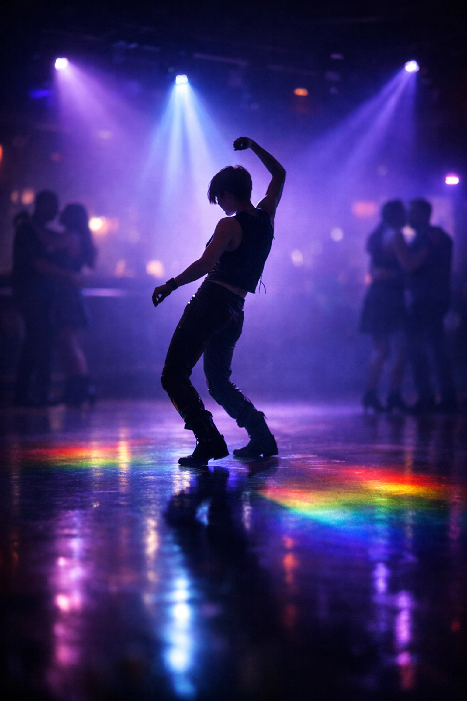 Solo dancer on nightclub floor bathed in purple lights - Dancing On My Own LGBTQ+ anthem visual