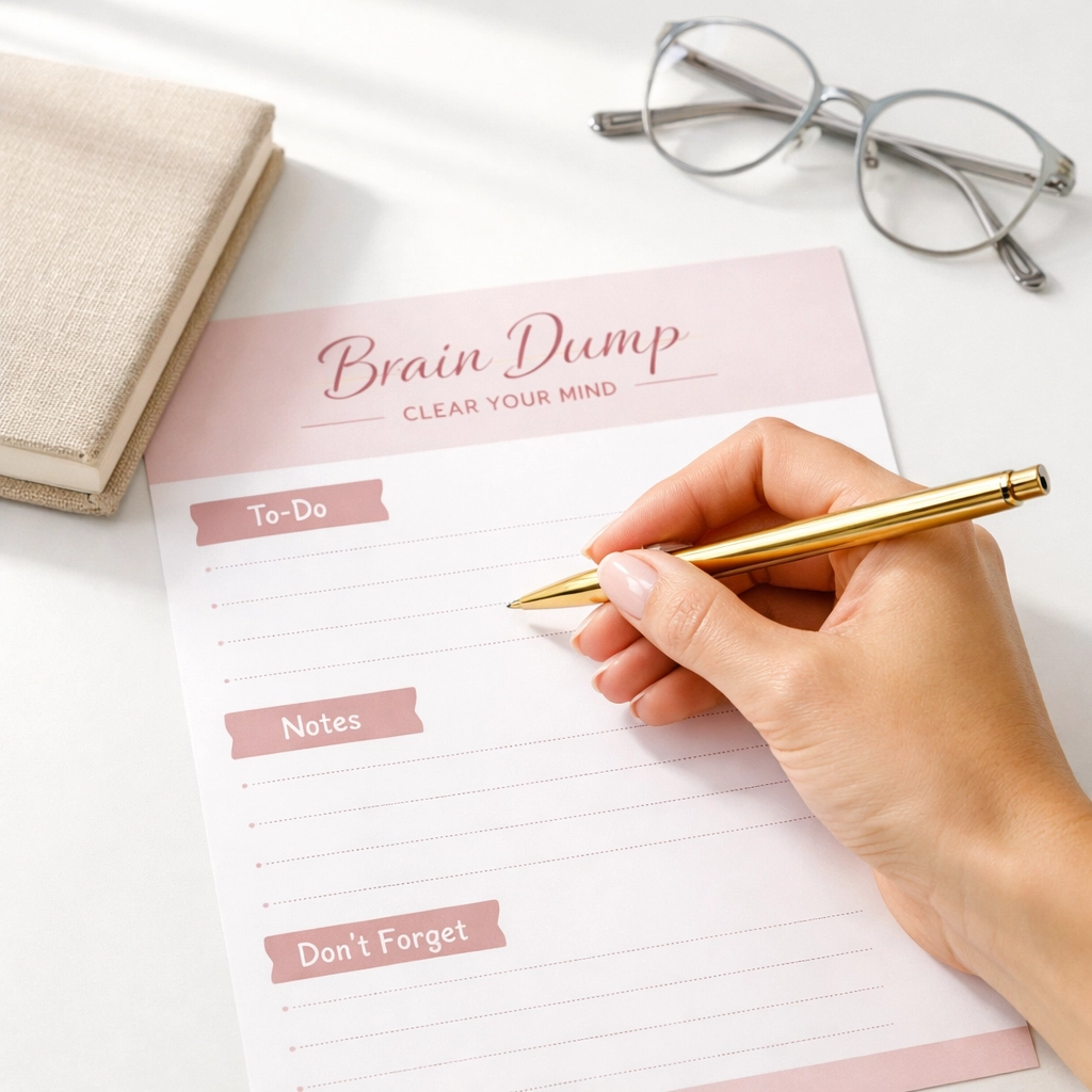 A woman using productivity worksheets and a gold pen in a bright office to clear her mind.
