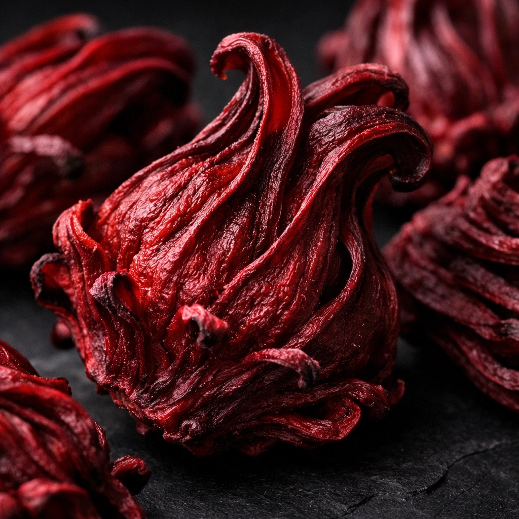 Close-up of premium Grade A dried hibiscus leaves bulk showing deep ruby-red color and high quality.