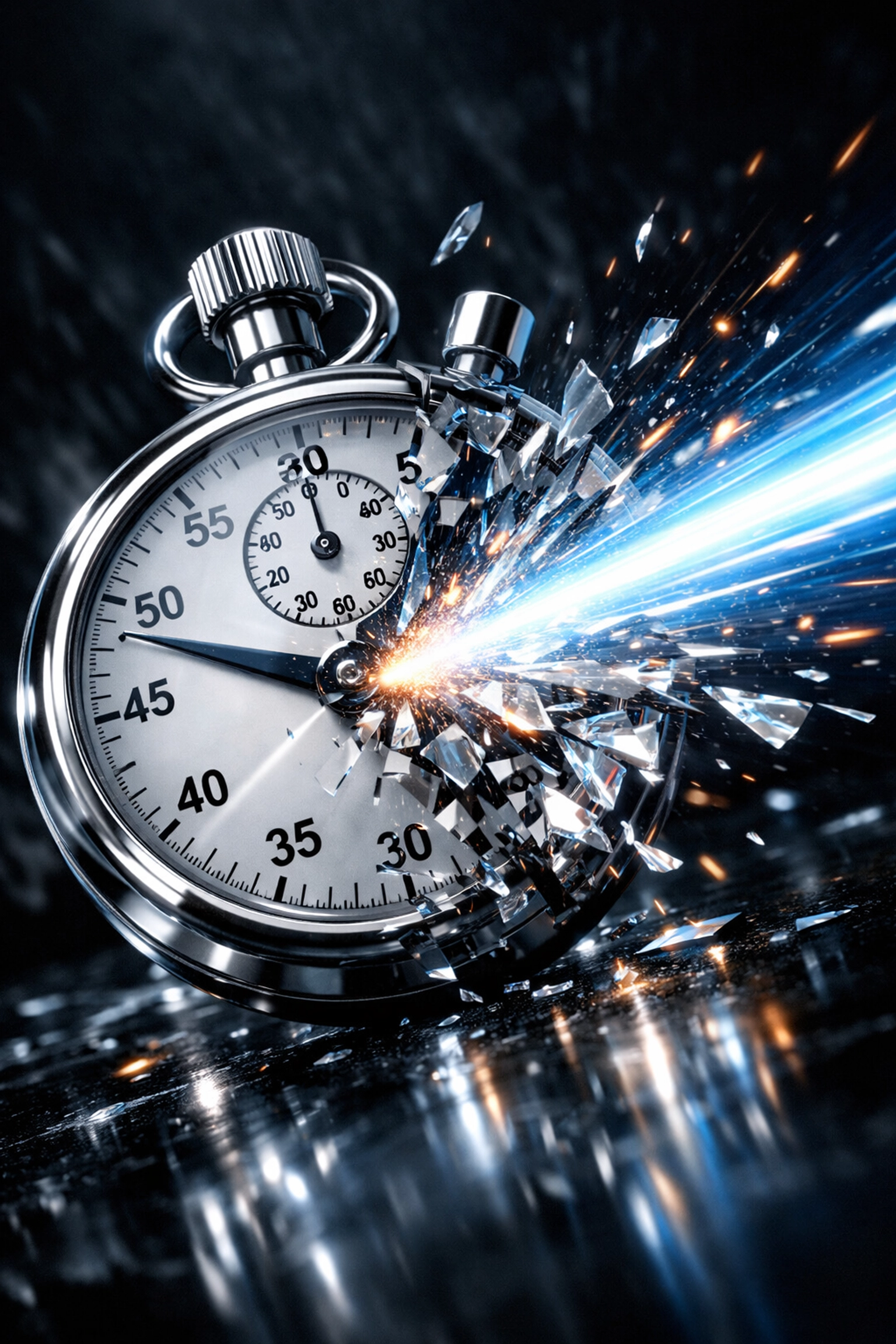 Stopwatch shattering from speed, illustrating fast website loading impact on Sarasota search rankings.