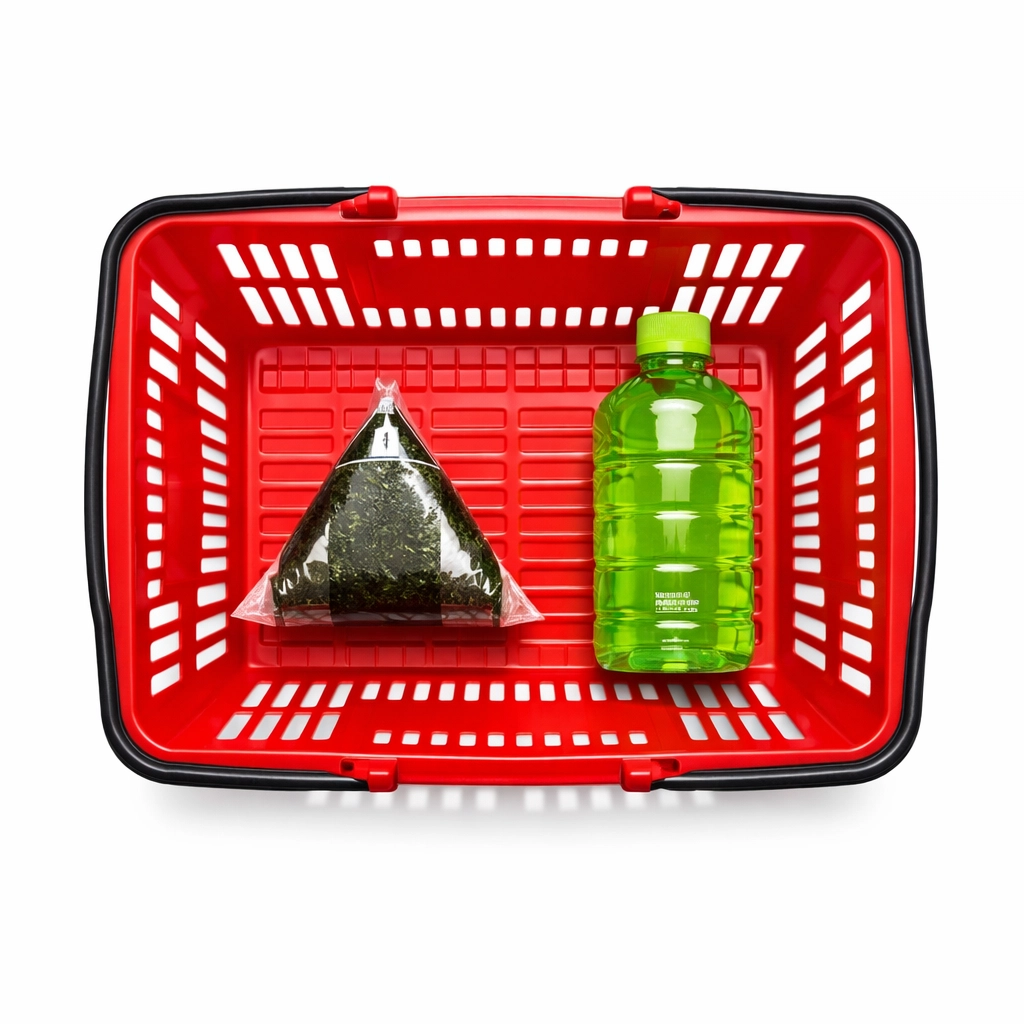 A red shopping basket with onigiri and green tea, illustrating the setting of Convenience Store Woman.