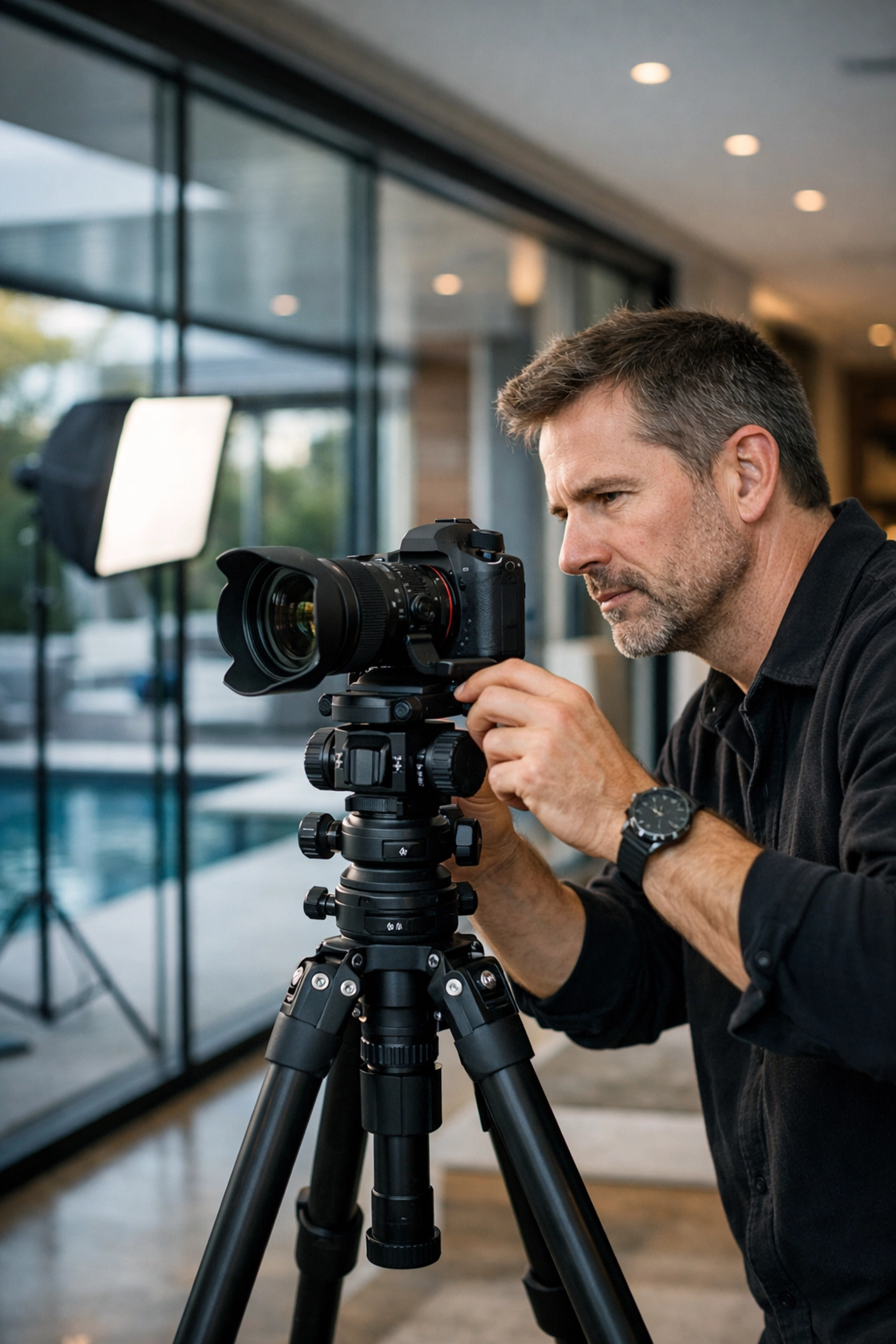 Professional architectural photographer using high-end gear in a luxury home to build a stunning portfolio.