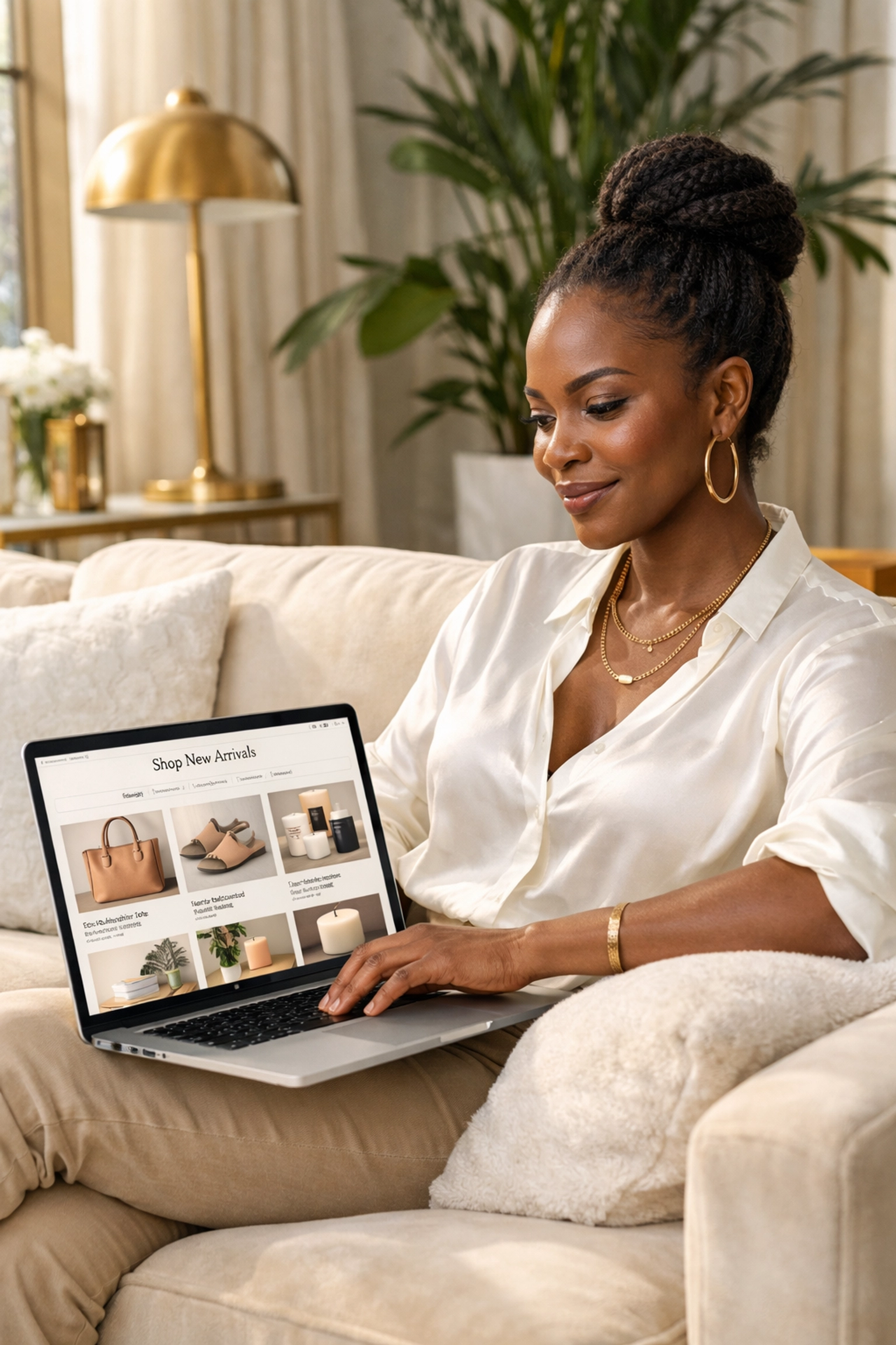A conscious shopper browsing a Black-owned business e-commerce marketplace on her laptop at home.
