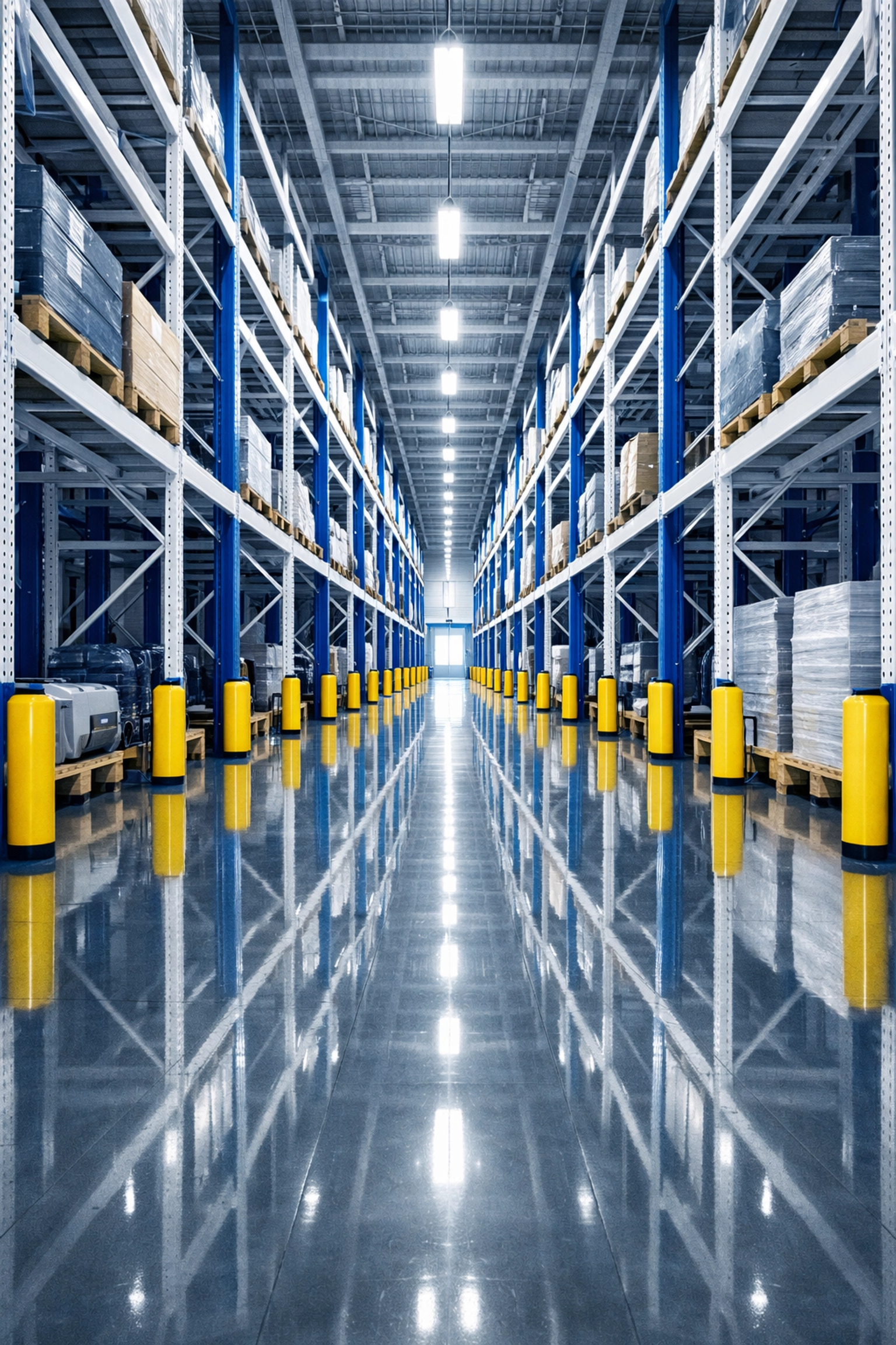 Pristine maritime warehouse aisle in New Bedford featuring polished concrete floors and high racks.