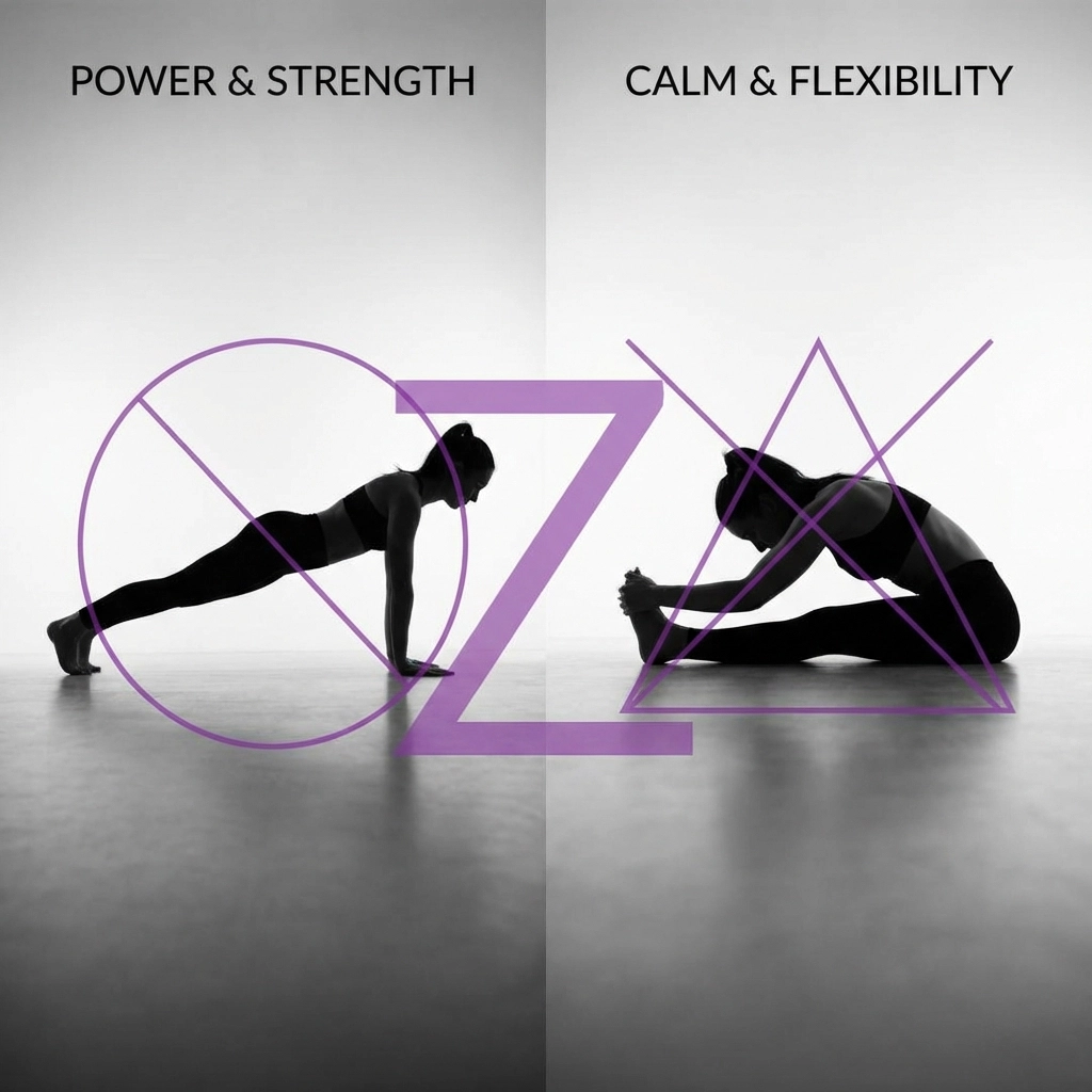 Split-image of one person doing a Hot Pilates pose and the same person in a Hot Yoga forward fold, symbolizing balance between strength and flexibility.