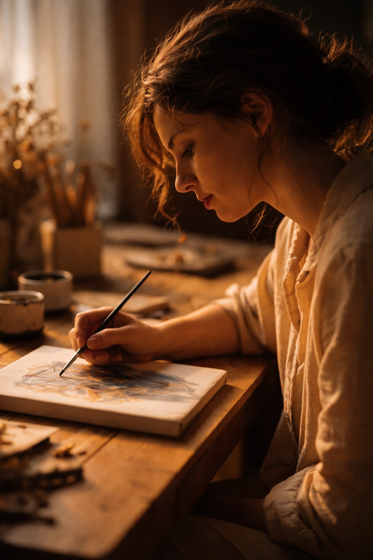 Employee finding calm focus while painting during a corporate wellness workshop