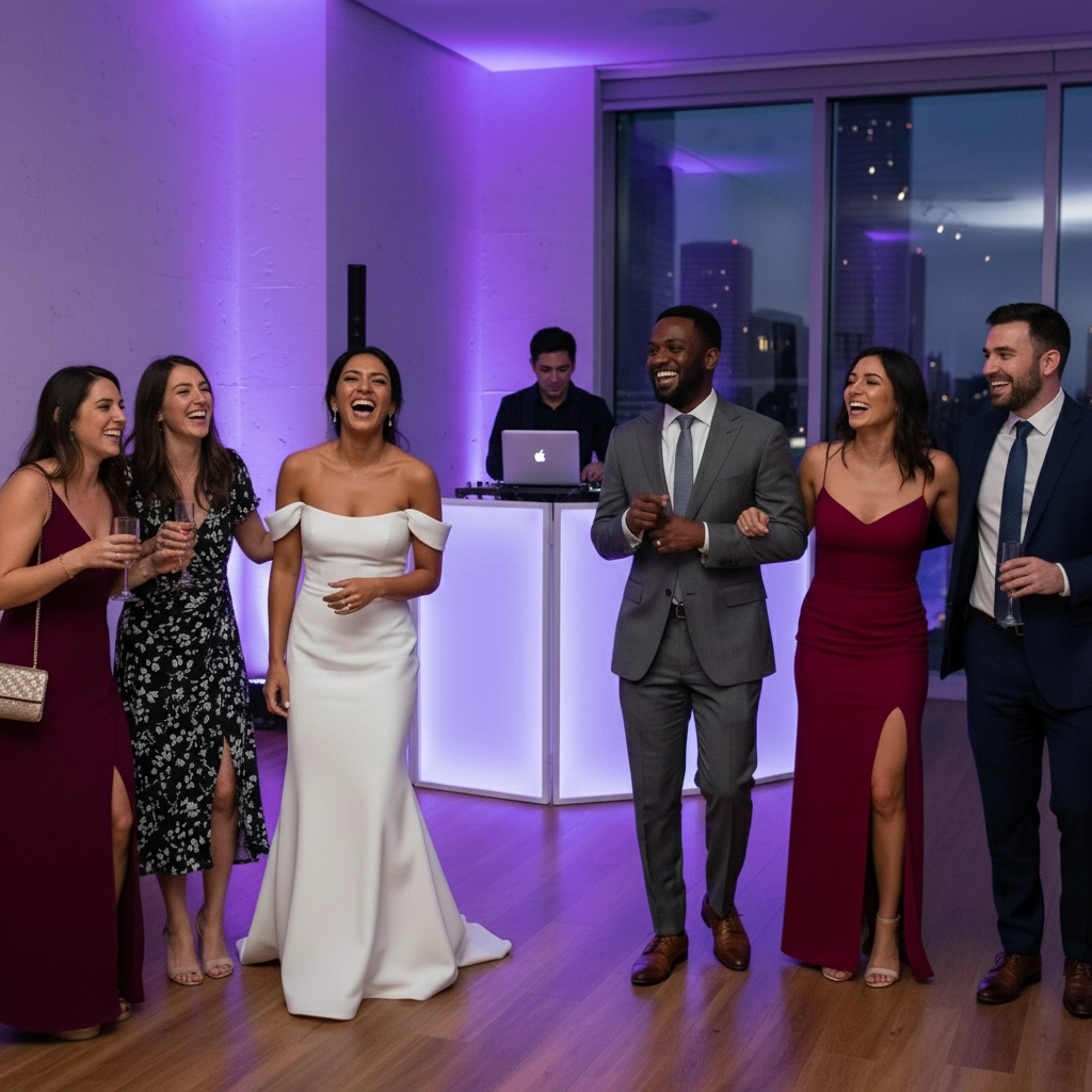 Bride laughing because of wedding DJ in Houston, Texas