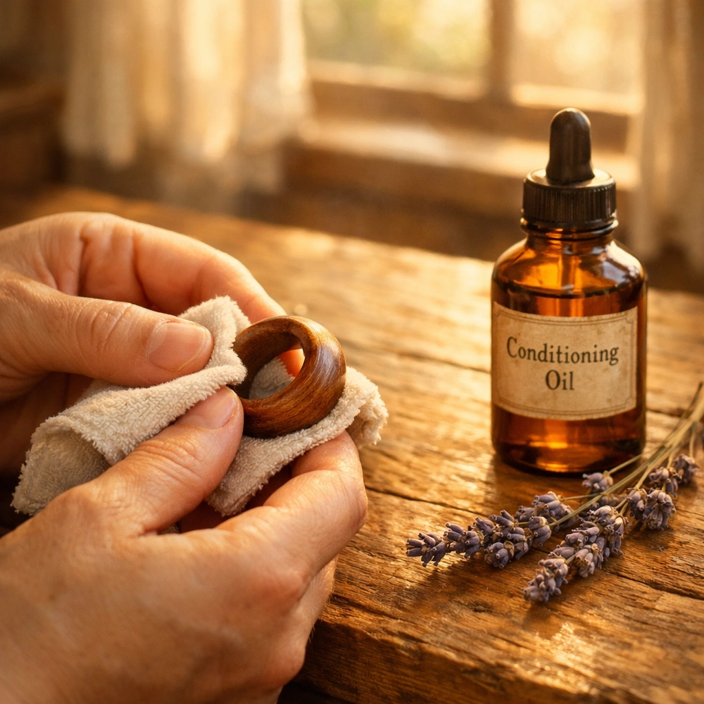Person conditioning a wooden wedding ring with oil to protect the wood grain finish.
