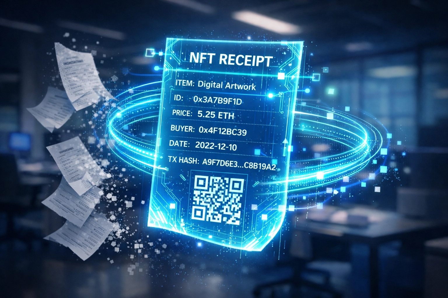 NFT receipt for accounting showing blockchain transaction verification replacing paper receipts